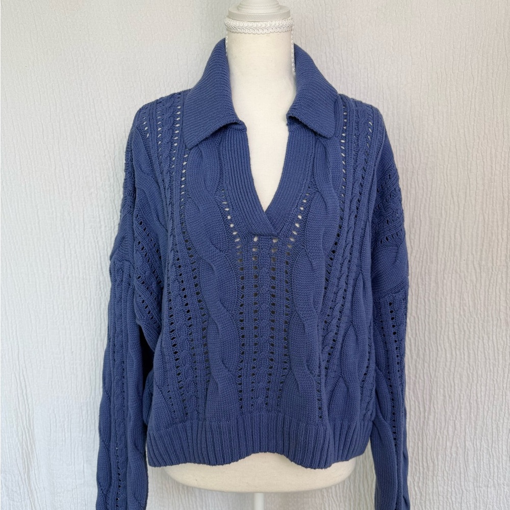 Hollister Women's V-Neck Cable Knit Sweater - Blue